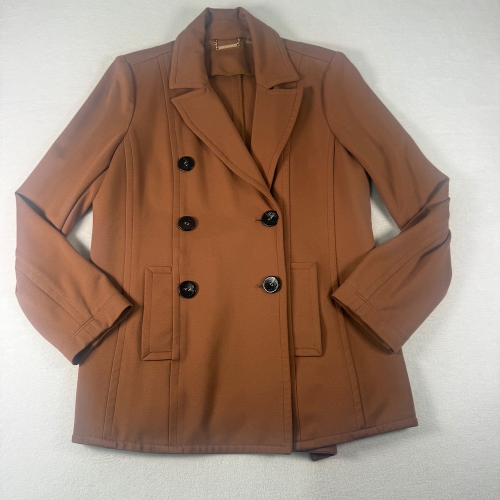 T Tahari Pea Coat Jacket 14 Brown Scuba Knit Double Breasted Professional